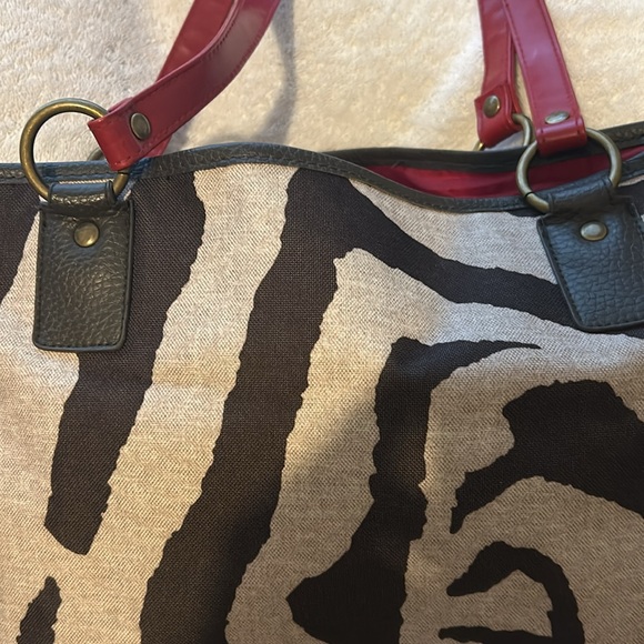 Zebra animal print purse with red leather straps tote bag - Picture 2 of 7
